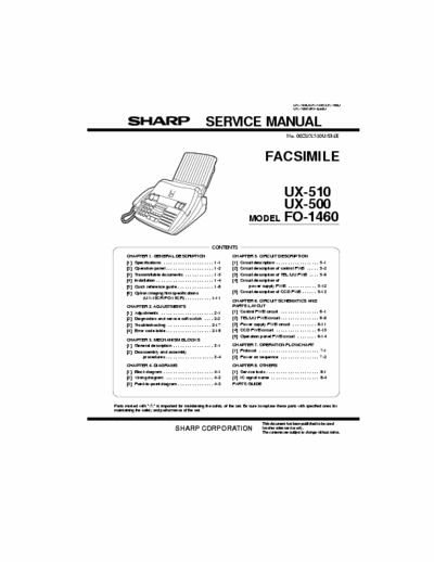 Sharp UX-510 FACSIMILE
UX-510
UX-500
MODEL FO-1460
 Service Manual